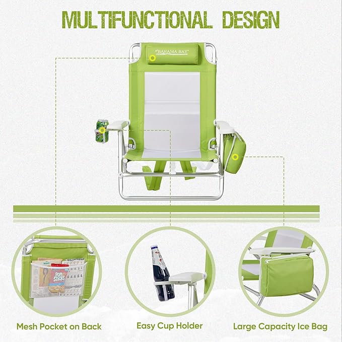 Reclining Beach Chair Backpack 5-Position Lay Flat Lounge Chair for Adults Heavy Duty Portable Folding Lightweight with Cooler Bag Camping Chair for Sand Outdoor