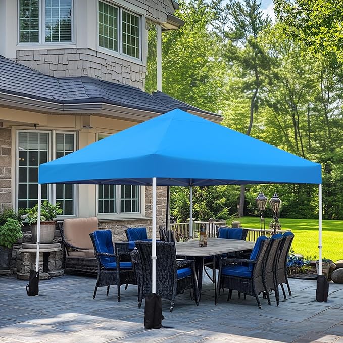 Amazon Basics Outdoor Pop Up 10 x 10 Canopy Tent for Events, Portable with Easy Setup, Includes Wheeled Carry Bag, 8 Pegs, 4 Ropes, 4 Weighted Bags, Blue