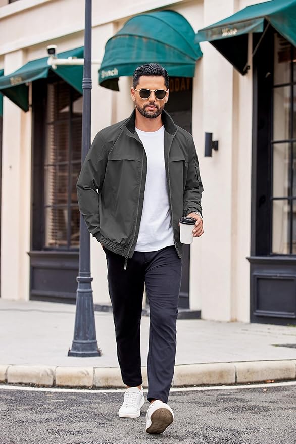 COOFANDY Mens Lightweight Bomber Jackets Stand Collar Windbreaker Softshell Jacket Zip Up Coat for Fall Outdoor