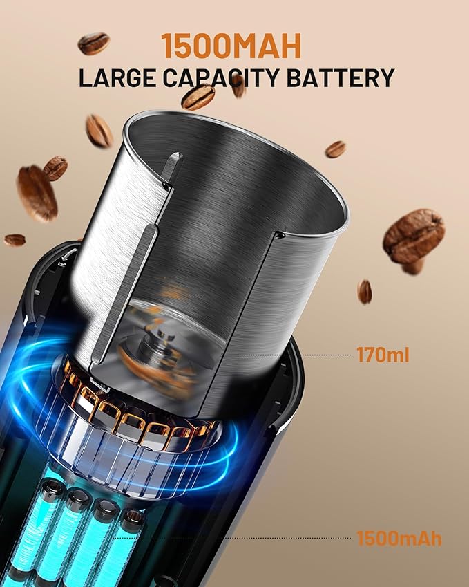 Hands-Free Blade Coffee Grinder, Cordless Coffee Mill with 5-30S Adjustable Grinding, Triple-Lock Safety & 1500mAh Rechargeable Battery with Removable Bowl, Portable for Camping, Travel, etc.