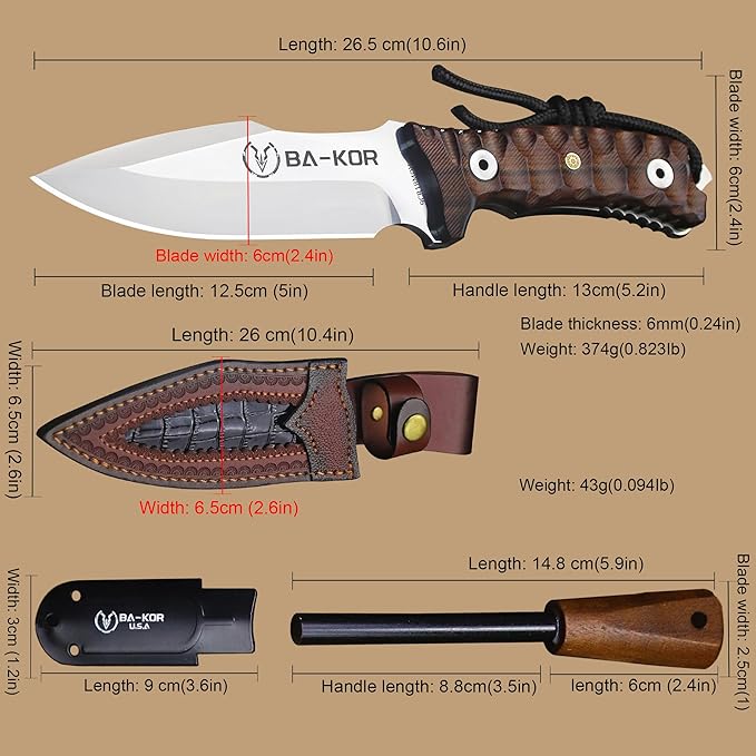 BA-KOR Yellow pear wood handle 6mm 9CR18MOV steel (10.6IN) full Tang forged fixed knife + sheath & (5.9IN) iron ceric igniter, suitable for outdoor camping, tactical survival, EDC, hunting knife (6mm - King Crocodile)
