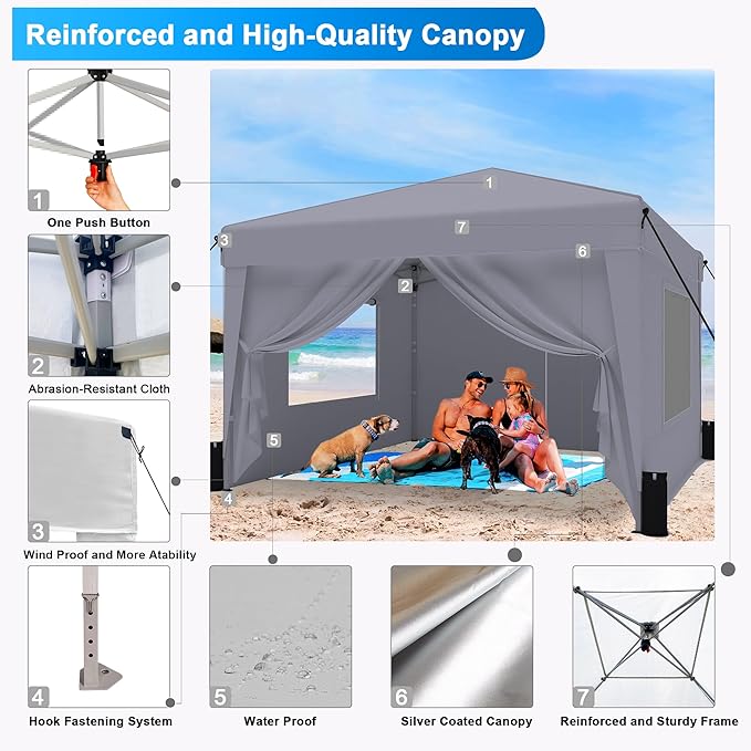 SANWAY 10x10 Pop Up Canopy Tent with Sidewalls x 4 – Easy Setup Canopy Tent, Waterproof, UV-Resistant, Portable with Carry Bag for Outdoor Events, Camping, and Backyard Parties – Grey