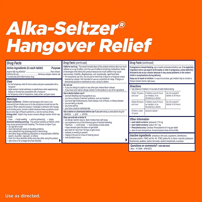 Alka-Seltzer Hangover Relief Tablets, Fast Relief Starts In About 15 Minutes for Headaches, Body Aches & Mental Fatigue, Bachelorette & Bachelor Party Packs 60 Count (3 Boxes, 20 Tablets Each)