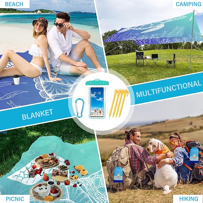 BYDOLL Beach Blanket Waterproof Sandproof 78''ร81'' Suits1-4 Adults Compact Lightweight Oversized Sand-Free Blanket Large Picnic Mat for Beach Travel Camping Hiking