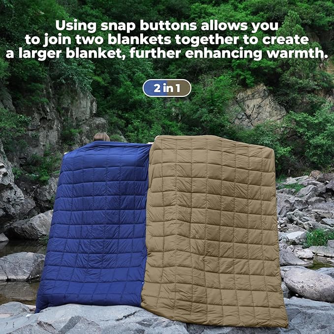 KingCamp Ultralight Camping Blanket, Packable Down Alternative Puffy Wearable Blankets Weatherproof Warm Package Quilt with Snap Buttons for Outdoor Hiking Travel Picnic Stadium (69" x 53", OLIVE)