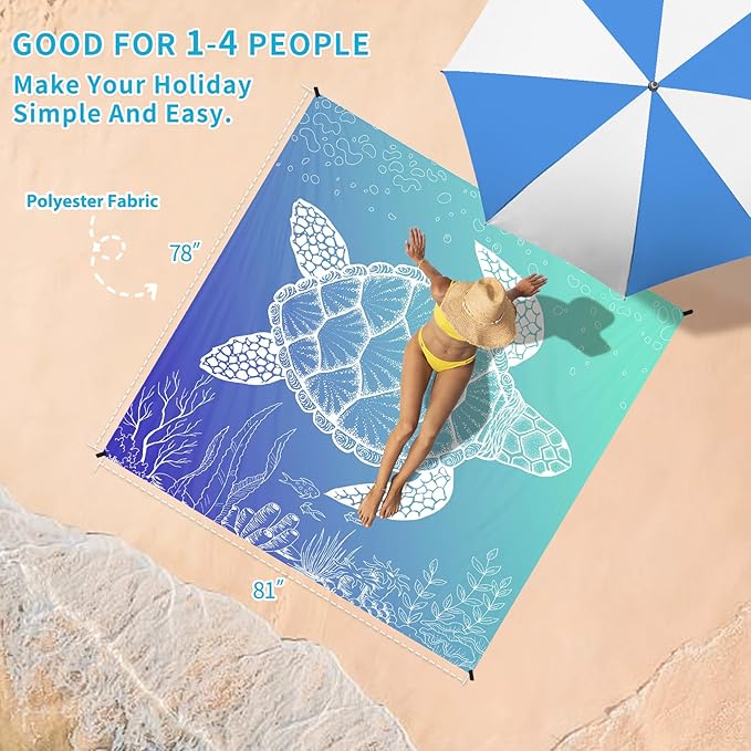 BYDOLL Beach Blanket Waterproof Sandproof 78''ร81'' Suits1-4 Adults Compact Lightweight Oversized Sand-Free Blanket Large Picnic Mat for Beach Travel Camping Hiking