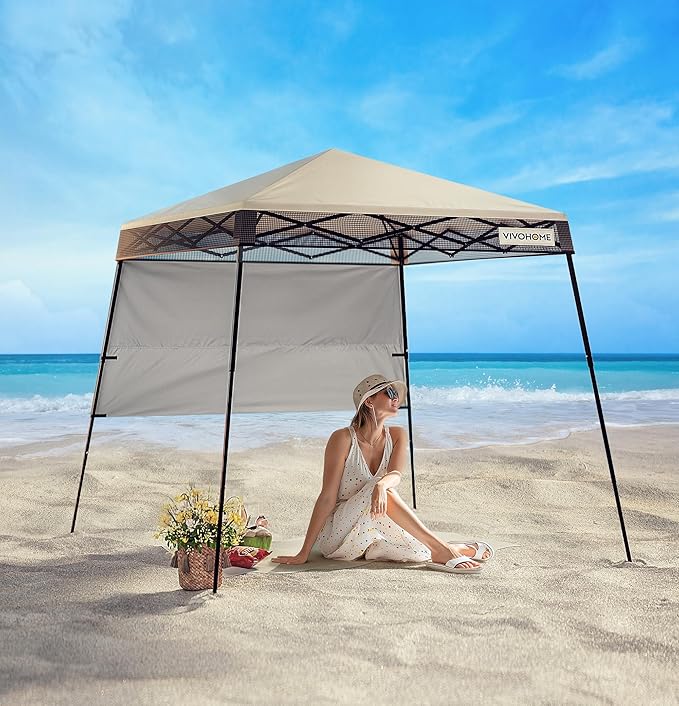 VIVOHOME 8x8ft Pop-Up Canopy Tent with Central Lock Design, Slant Legs, Backpack, and Side Wall, Portable Shelter for Camping, Party, Yard, and Beach Events, Beige