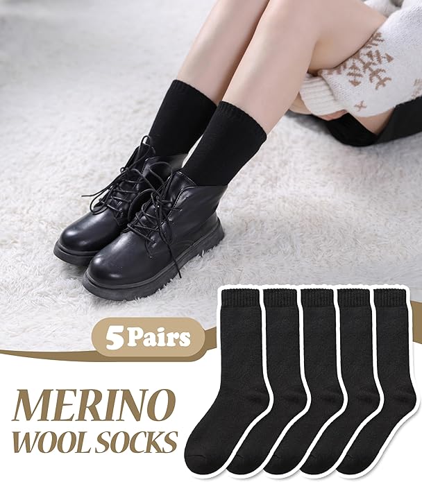 FNOVCO Wool Socks for Women Winter Warm Hiking Boot Thick Thermal Cozy Crew Socks 5 Pairs