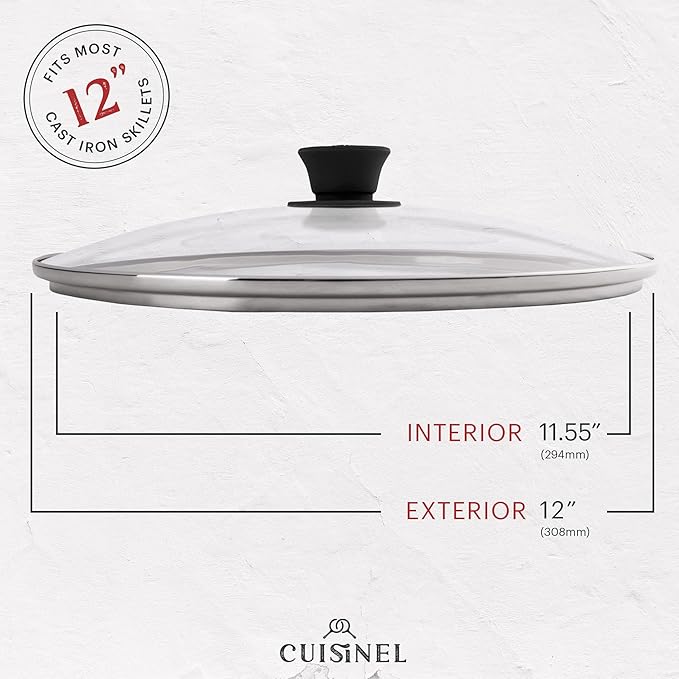 Cuisinel Cast Iron Skillet with Lid - 12"-Inch Frying Pan + Glass Cover + Silicone Handle Holder - Pre-Seasoned Oven Safe Cookware - Indoor/Outdoor Use - Grill, BBQ, Fire, Stovetop, Induction