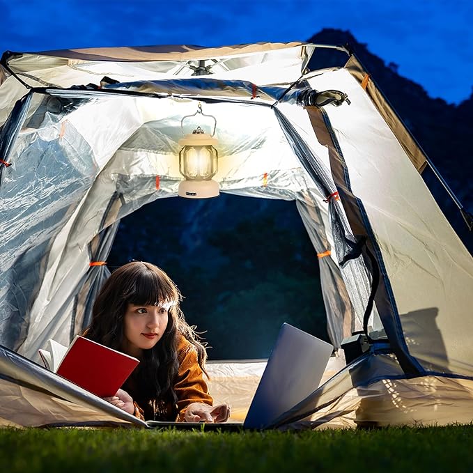 Rechargeable LED Camping Lanterns, 2000mAh Vintage Camping Lights Battery Operated Rechargeable , Hanging Retro Metal Hiking Tent Lamp for Emergency, Hurricane,Decoration,Home,White,1 Pack