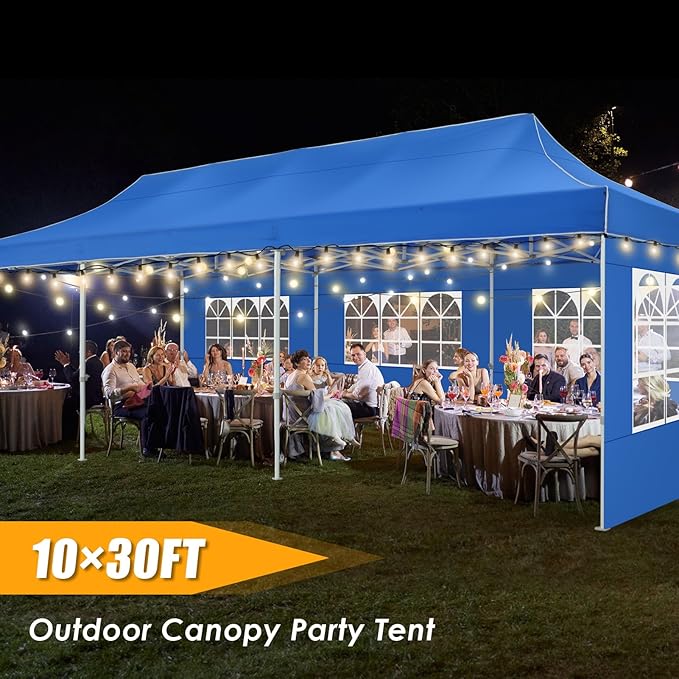 HOTEEL Tents for Parties 10x30 Pop Up Canopy Tent Heavy Duty with 8 Sidewalls, Commercial Party Tent Event Wedding Instant Canopy Waterproof with Carry Bag, UV 50+, Thicked Hexagonal Legs, Blue
