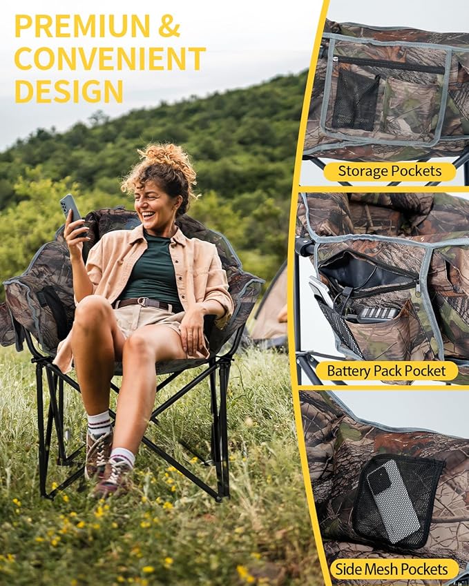 NAIZEA Heated Camping Chair, Oversized Heated Folding Outdoor Chair for Adults with 3 Heat Levels, Portable Foldable Patio Lounge Chair for Sports Outdoors Camp, Battery NOT Included
