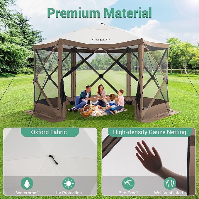 COBIZI 12x12ft Pop up Gazebo Screen Tent Screen House for Camping, Camping Outdoor Screened Gazebo with Mosquito Netting, Portable Hub Tent with Carrying Bag and Ground Stakes, Brown(Upgraded 2.0)
