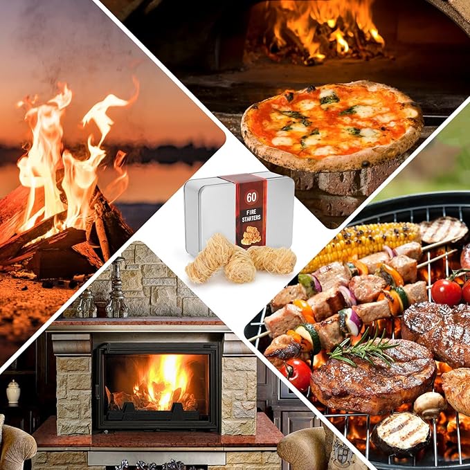 60 pcs Charcoal Starters Fire Starter for Fireplace, Pellet Stove, Wood, Campfires, BBQ, Pizza Oven, Fire Pit Natural Fire Starters with Aluminum Box Protection for Grill Smoker