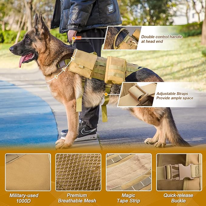 AIWAI Tactical Dog Harness with Pouches,Dog Vest Harness for Large Medium Dogs No-Pull Adjustable Military Dog Harness with Handle Walking Hiking Training (Khaki, S)