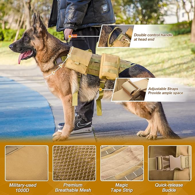 AIWAI Tactical Dog Harness with Pouches,Dog Vest Harness for Large Medium Dogs No-Pull Adjustable Military Dog Harness with Handle Walking Hiking Training (Camouflage, S)
