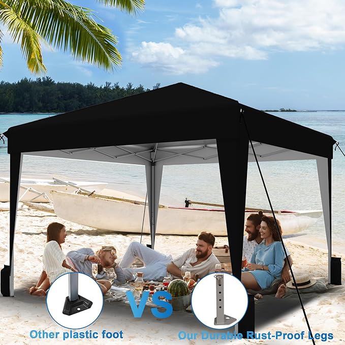 SANWAY 10x10 Pop Up Canopy Tent, One-Button Easy Setup, Outdoor Sun Shade for Events, Camping, Parties, Beach Tent - Black (Black, 10'x10')