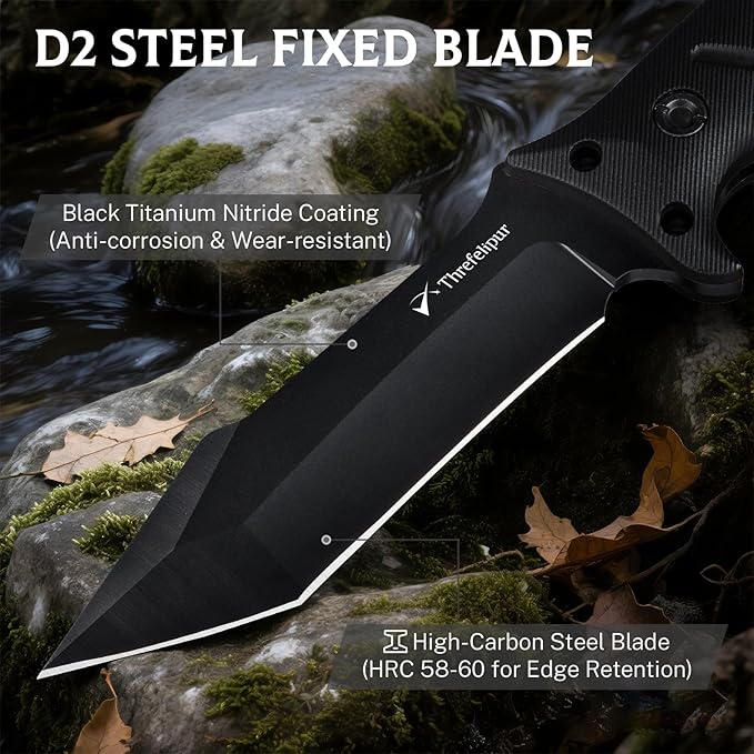Tanto Camping Knife for Men, D2 Steel Fixed Blade Tactical Survival Knife with Sheath - Compact & Portable for Outdoor Hiking, Bushcraft, G10 Handle - Black