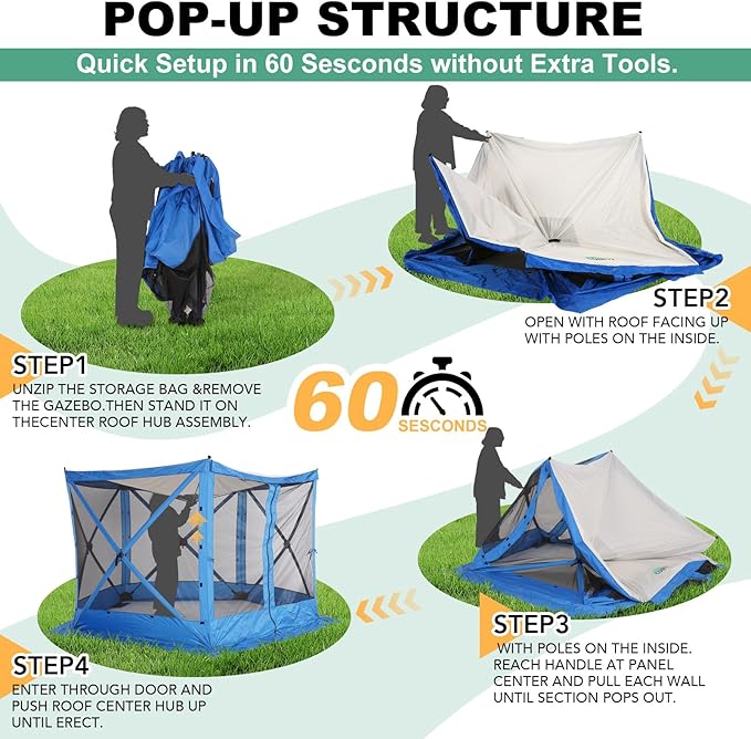 COBIZI 10x10ft Pop up Gazebo Screen House Tent for Camping, Pop-up Camping Canopy with Mesh Windows,Portable Outdoor Quick-Set Hub Tent with Carrying Bag&Ground Stakes,Blue(Upgraded 2.0)