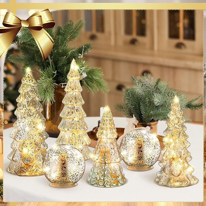 Syhood 6 Pcs Silver Mercury Glass Christmas Tree for Tabletop Light up Figurine Christmas Tree Mercury Cracked Glass Globe with Light for Xmas Decor Home Party Centerpiece Mantel Gift