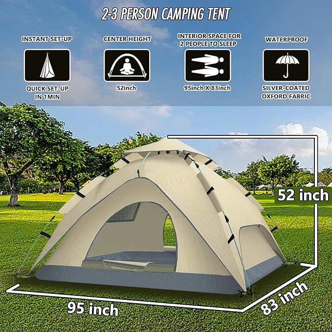 Instant Pop Up Tent 2-3 Person Reactive Outdoor Tent with Mesh Windows 3 Second Setup Waterproof & Portable for Camping & Hiking, Backpacking