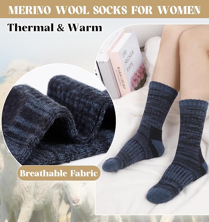 Justay 4 Pairs Merino Wool Socks for Women, Hiking Thermal Warm Winter Cozy Thick Boot Socks for Women Gifts