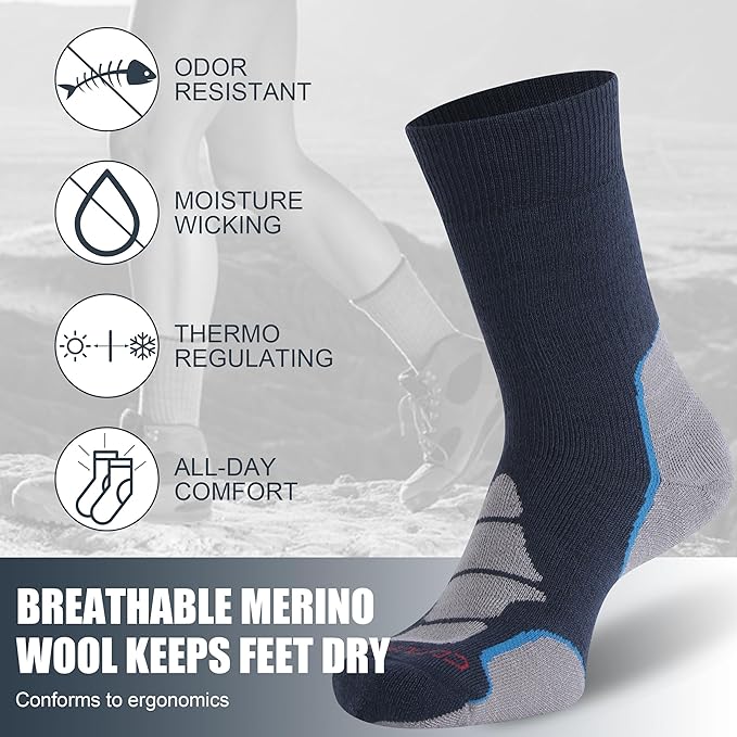 ZEAL WOOD Merino Wool Crew Hiking Socks for Women And Men with Full Cushion Moisture Wicking Walking Work Boot Socks