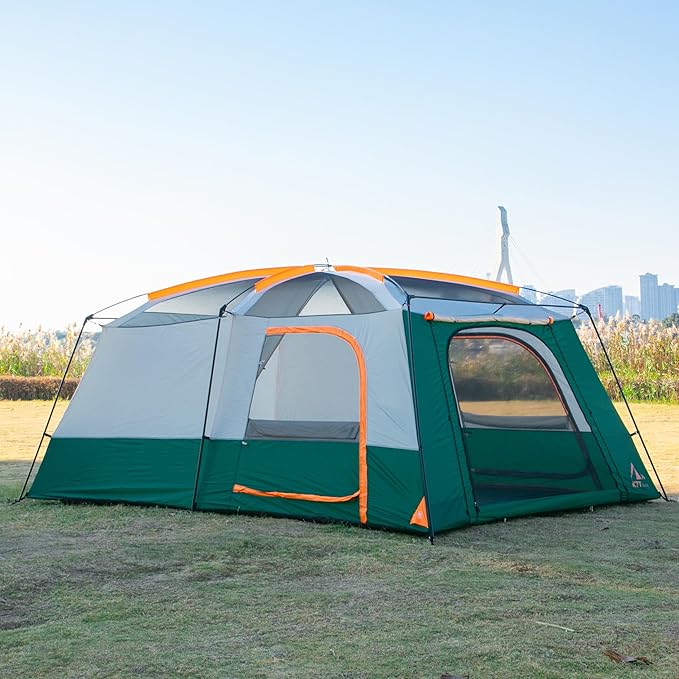 KTT Extra Large Tent 6-10-12-14 Person(A),Family Cabin Tents,2 Rooms,3 Doors and 3 Windows with Mesh,Straight Wall,Waterproof,Double Layer,Big Tent for Outdoor,Picnic,Camping,Family Gathering