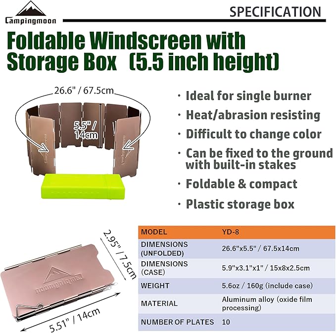 camping moon CAMPINGMOON 10 Plates Foldable Windscreen Folding Camp Stove Windshield with Storage Box