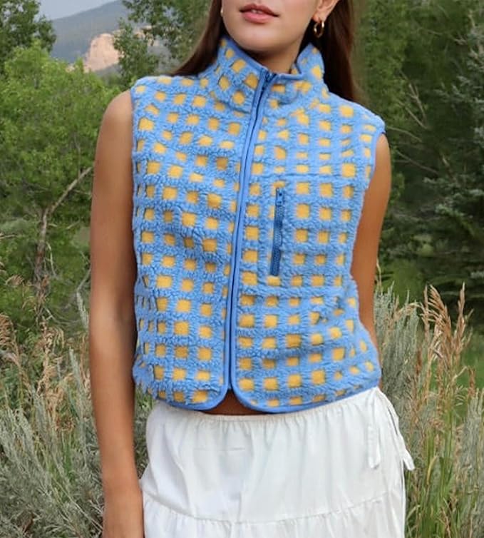 Colorful world Womens Checkered Sherpa Vest Fleece Jacket Lightweight Zip Up Sleeveless Crochet Plaid Gilet with Pocket
