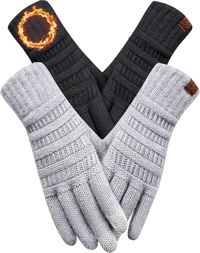 REACH STAR 2 Pairs Winter Gloves for Women - Upgraded Touch Screen Warm Knit Gloves Cold Weather, Soft Fleece Lining Elastic