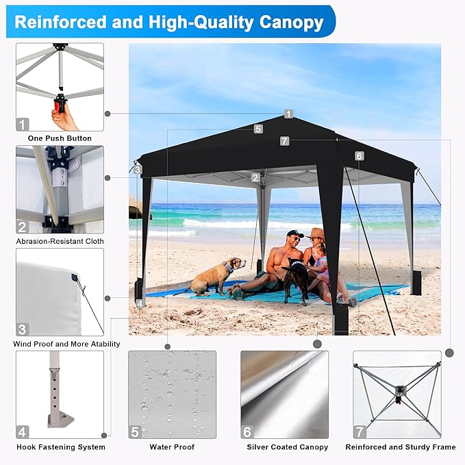 SANWAY 10x10 Pop Up Canopy Tent, One-Button Easy Setup, Outdoor Sun Shade for Events, Camping, Parties, Beach Tent - Black (Black, 10'x10')