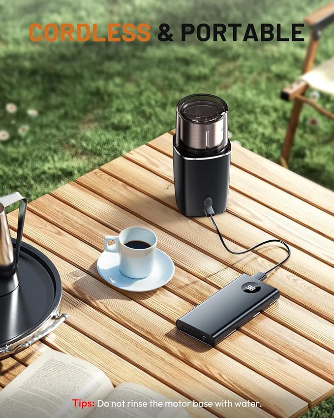 Hands-Free Blade Coffee Grinder, Cordless Coffee Mill with 5-30S Adjustable Grinding, Triple-Lock Safety & 1500mAh Rechargeable Battery with Removable Bowl, Portable for Camping, Travel, etc.