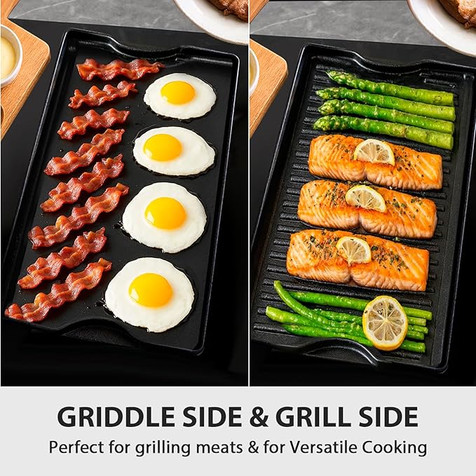 Utheer Nonstick Reversible Cast Iron Griddle 21"x 12", Ceramic Cooking Surface, Flat & Ribbed Sides, with High Sides & Grease Trap, Stovetop Griddle for Gas Grill, Electric, Oven & Outdoor BBQ