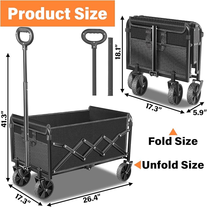Wagons Carts Foldable - Collapsible Wagon Cart with Wheels Foldable - Utility Folding Wagon Cart for Sports Camping Grocery, Black