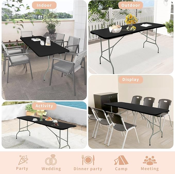 Set of 2 Folding Table 8 FT Camping Table Portable Heavy Duty Plastic Rectangular Outdoor Dining Table Steel Legs Fold-in-Half with Carrying Handle for Indoor,Picnic,Party,Wedding,Events(Black)