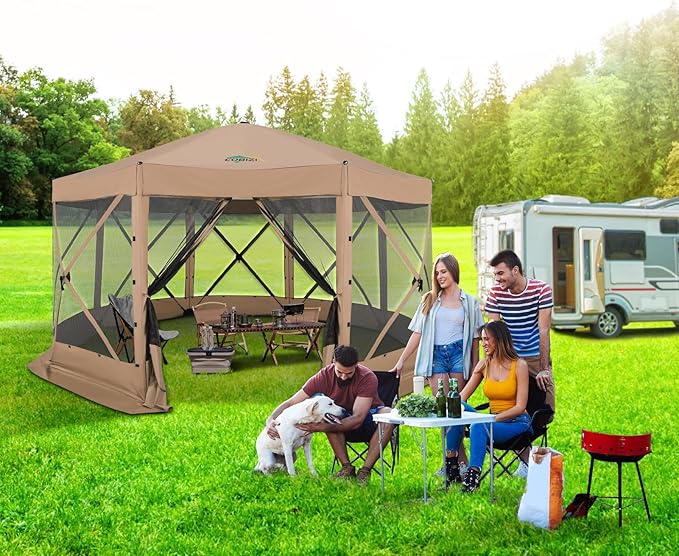 COBIZI 15x15ft Extra Large Pop Up Gazebo Canopy Tent with Mosquito Netting, Spacious Easy Set Up Screened Shelter, Durable Outdoor Pavilion with Ground Stakes, Perfect for Patio, Backyard,Khaki