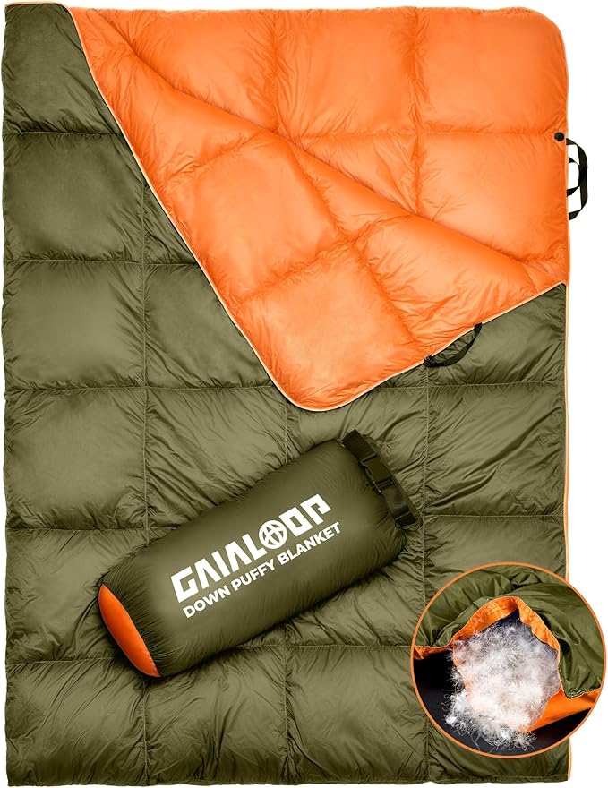 Down Puffy Blanket for Car Camping Outdoor Travel Backpacking, Duck Down Lightweight Portable Soft Warm Cozy Camping Blanket Quilt, Olive Green