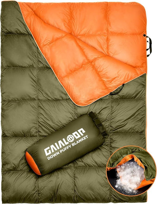 Down Puffy Blanket for Car Camping Outdoor Travel Backpacking, Duck Down Lightweight Portable Soft Warm Cozy Camping Blanket Quilt, Olive Green