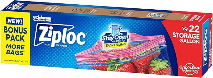 Ziploc Gallon Food Storage Bags, Stay Open Design with Stand-Up Bottom, Easy to Fill, 22 Count