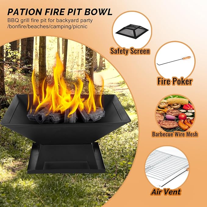 Small Fire Pit for Outside Wood Burning,Fire Bowls with Firproof Mat, Backyard Black Square Ourdoor Bonfire Pit with Waterproof Cover for Outside Patio Camping (Black, 22 INCH)