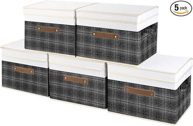 TYEERS Collapsible Storage Bins with Lids, Patchwork Design, Washable, Fabric Storage Boxes, 14.9x9.8x9.8 inches, 5 Pack, Black