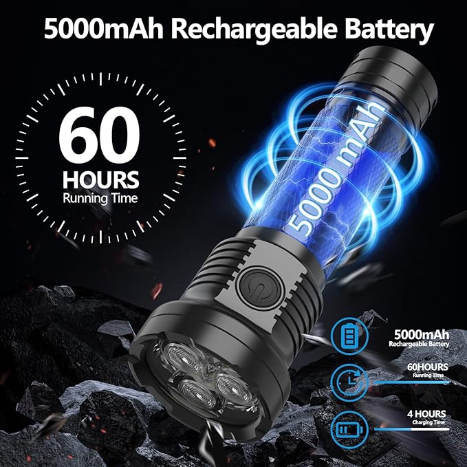 4000Lumens Outdoor Flashlight,LED Flashlight Flash Light Duty Rechargeable Flashlights with USB C IP67 Strobe Handheld Flashlight for Outdoor Medical Camping Emergency Work Light Repair