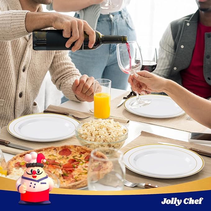 JOLLY CHEF 200 Pieces Gold Plastic Plates, 10 Inch Elegan Disposable Plates White Plate with Gold Rim,Plastic Plates for Dinner、Birthdays and Weddings