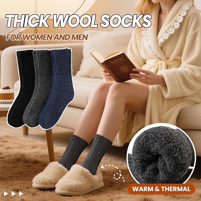Eyean Merino Wool Socks Thermal Winter Ski Warm Thick Cozy Boot Hiking Socks for Women Men 3 Pairs