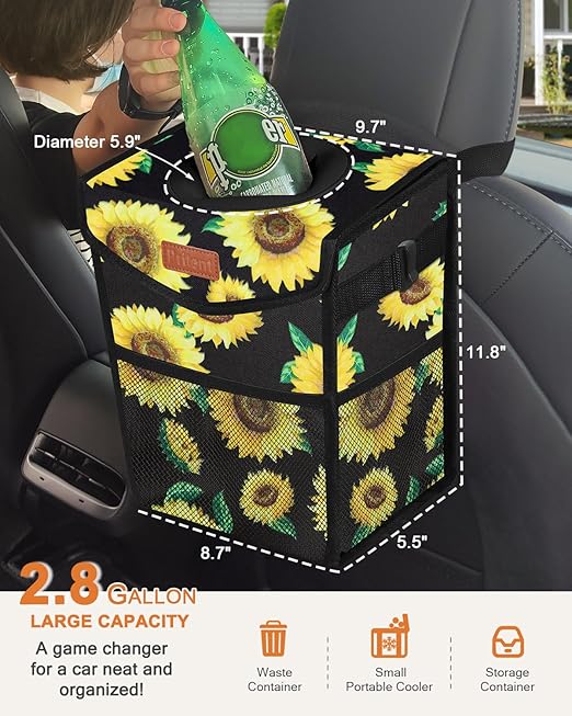 Car Trash Can with Lid, Cute Leakproof Car Trash Garbage Bag Hanging Vehicle Trash Bin Small Portable Automotive Garbage Cans Organizer for Back/Front Seat/Console(2.8 Gallons,Sunflower)