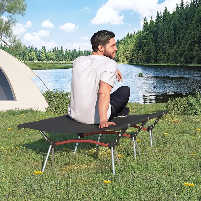 Camping Cot with Leg Extenders,Lightweight Portable Bed for Camping, Hiking, Travel, Beach, Home, Office Nap, Supports 330lbs, Easy Storage, Durable Design, Black
