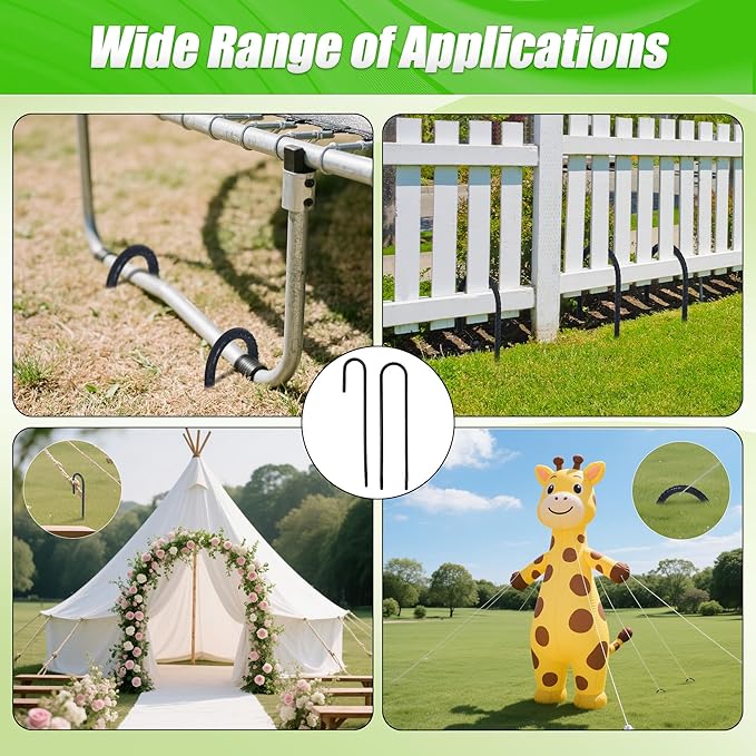 Anothera 16 Pack Heavy Duty Trampoline Stakes, 12 Inches Trampoline Anchors High Wind, Heavy Duty U Shaped Rebar Stakes for Trampoline, Tents, Inflatables, Fences, Outdoor Decoration
