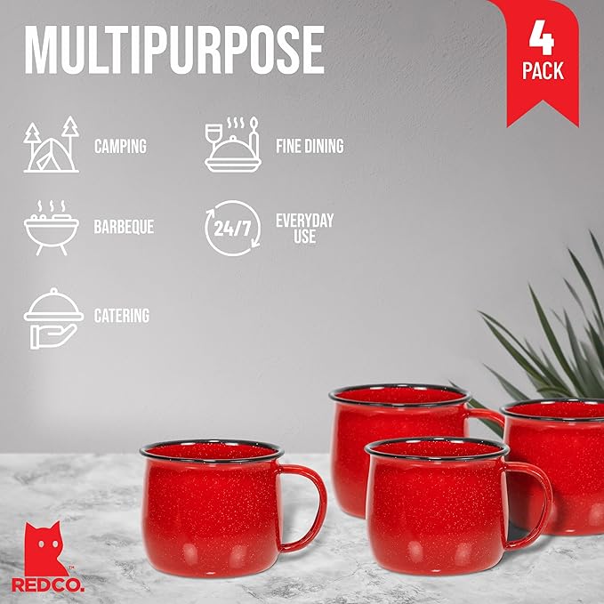 Red Co. Set of 4 Enamelware Metal 12 Oz Round Camping Coffee Mugs with Handle, White-Speckled Red/Black Rim