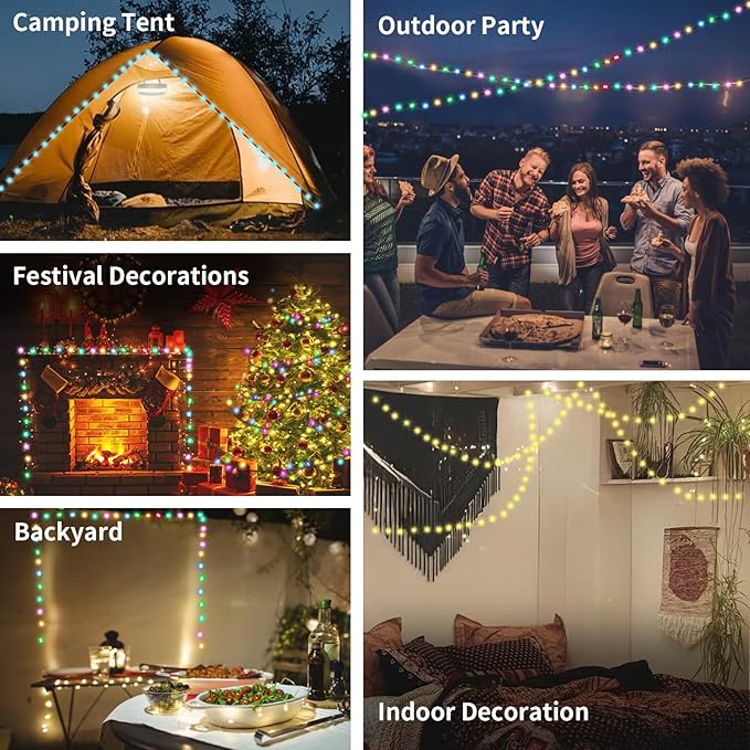 Camping String Lights 32.8FT, 2 in 1 Outdoor Camping Lantern with 14 Lighting Modes, 30s Recovery, IP44 Waterproof, 4000mAh Battery, Portable Camping Lights for Camping, Yard, Festival Decor